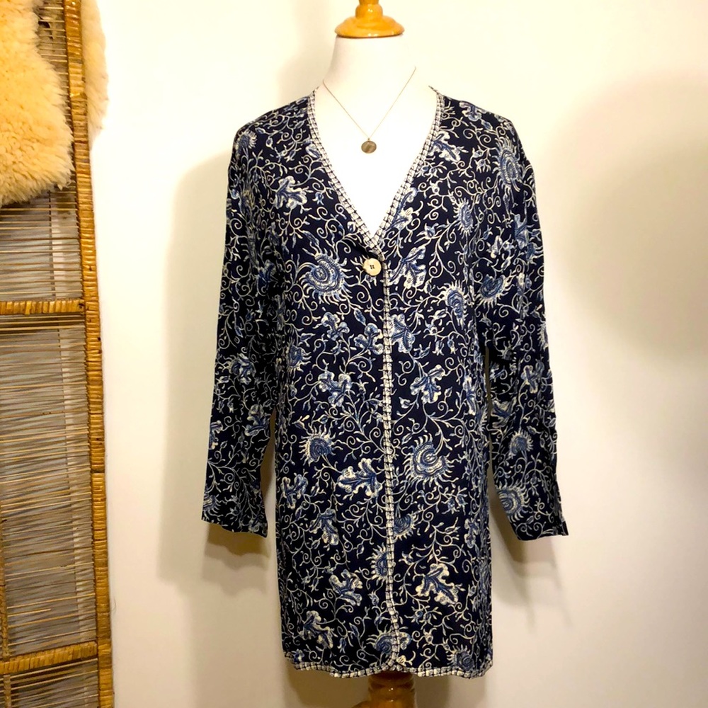 VTG-KAREN KANE-Blue & White Floral Paisley Asian Button Front Blazer-Size Medium